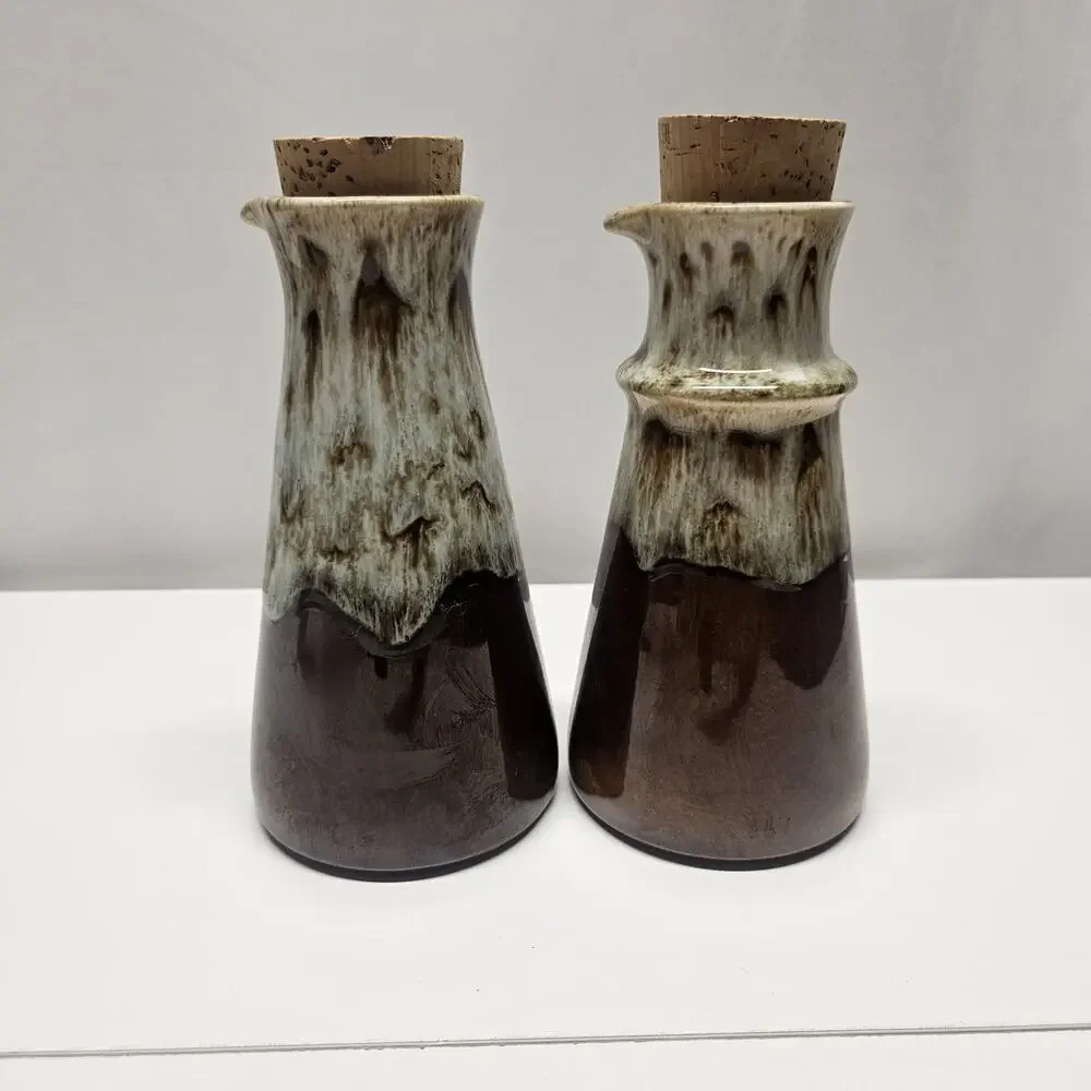 Brown Drip Pottery Oil And Vinegar Container Set Decanter Vintage MCM